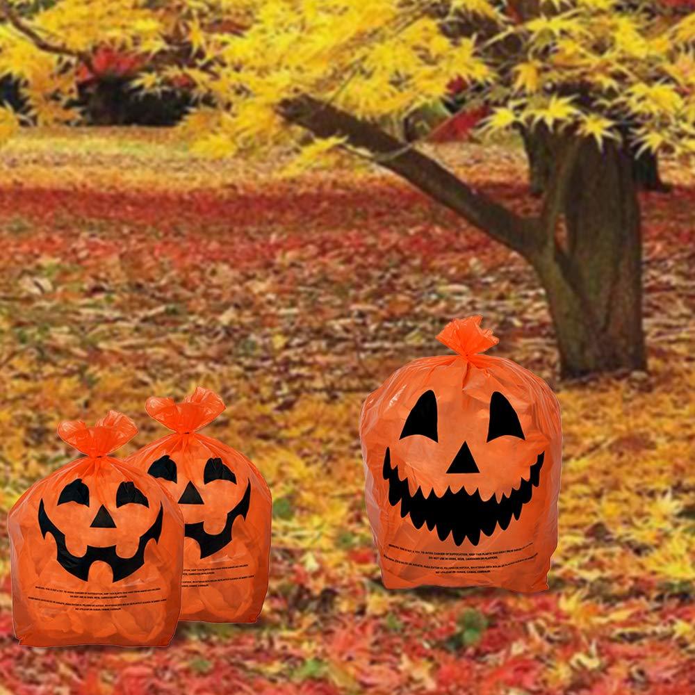 KINREX Halloween Pumpkin Plastic Lawn and Leaf Bags Decoration - Outdoor Fall Trash Bag Decor - Orange Jack O Lantern - Pack of 3 with Twist Ties