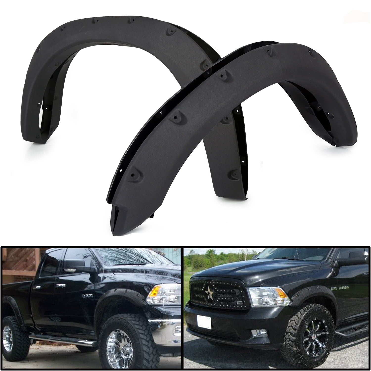 Kojem Wheel Fender Flares for 2009-2018 Dodge Ram 1500 Wheel Cover Protector Black Pocket Rivet Style 4Pc