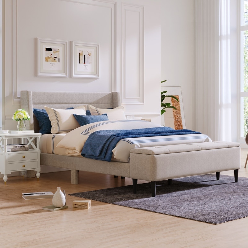 Beige Queen Upholstered Storage Bed with Storage Ottoman Bench and Two Nightstands - - 37893671