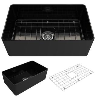 BOCCHI Aderci Black Fireclay 30 in. Single Bowl Ultra-Slim Farmhouse Apron Front Kitchen Sink with Grid and Strainer 1481-005-0120