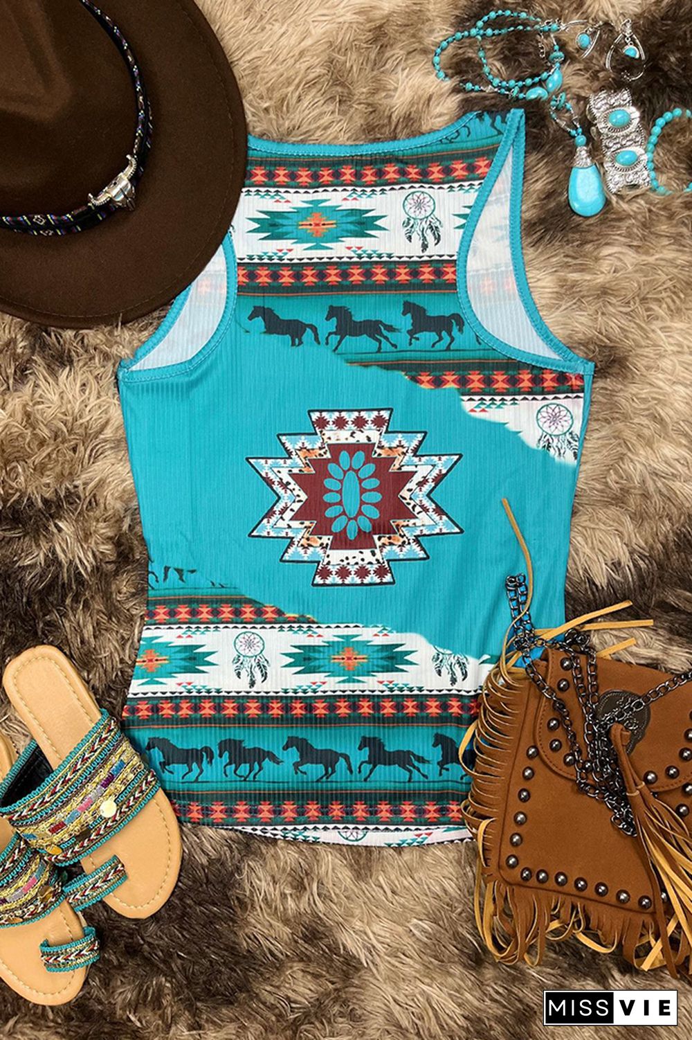 Turquoise Aztec Western Print Zipper Down Tank Top