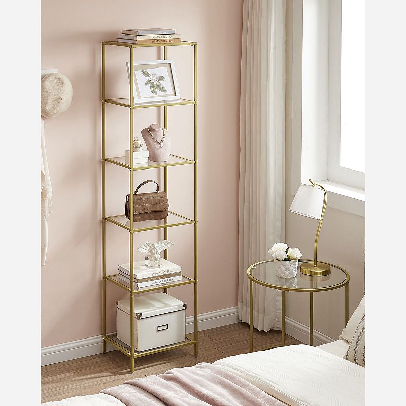 6-tier Glass Shelf， Standing Glass Bookshelf， Narrow Bookcase With Steel Frame