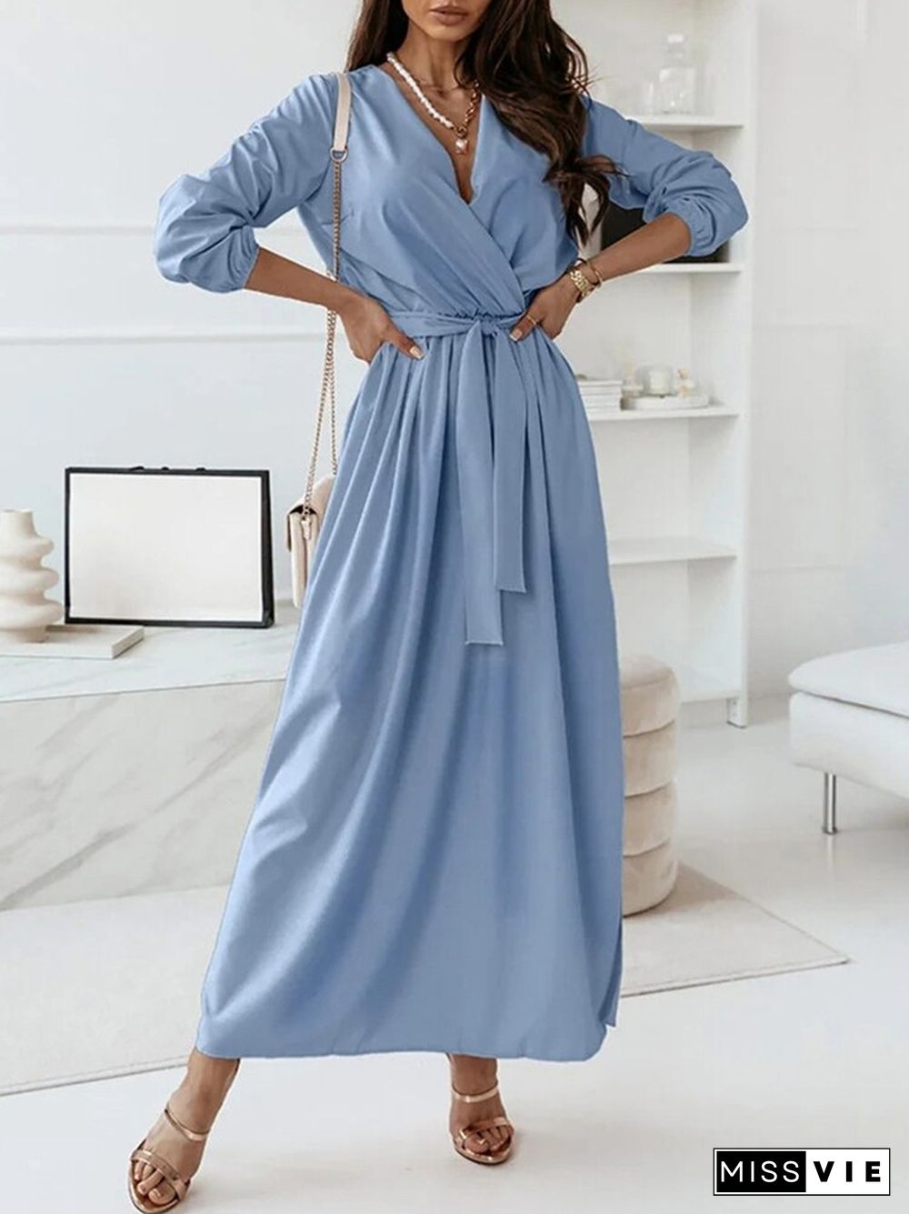 Spring Summer Elegant Half Sleeve V-Neck Lace-Up Long Dress Ladies Fashion Solid Loose Commuter Dress Women Office A-Line Dress