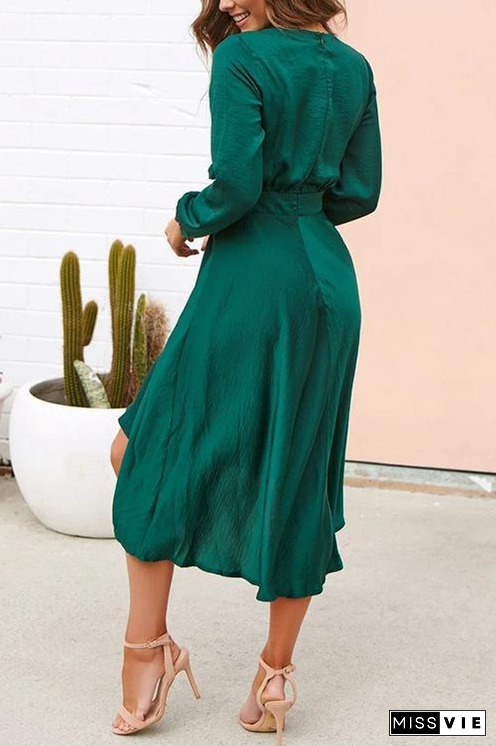 Bow Tie Deep V Neck Long Sleeve Dress