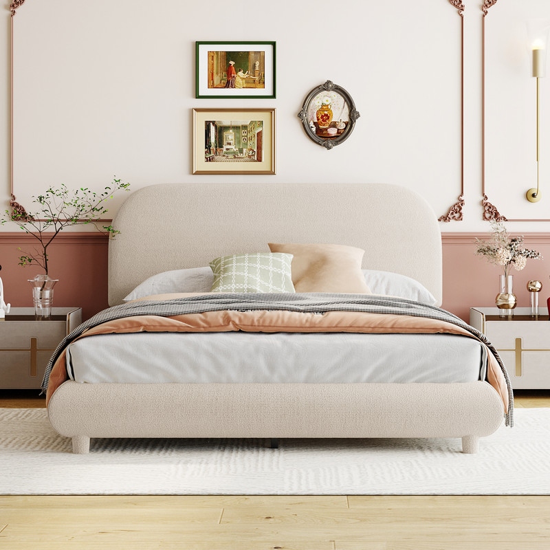 Solid Frame Full Size Upholstered Platform Bed with Thick Fabric  Curve shaped Design