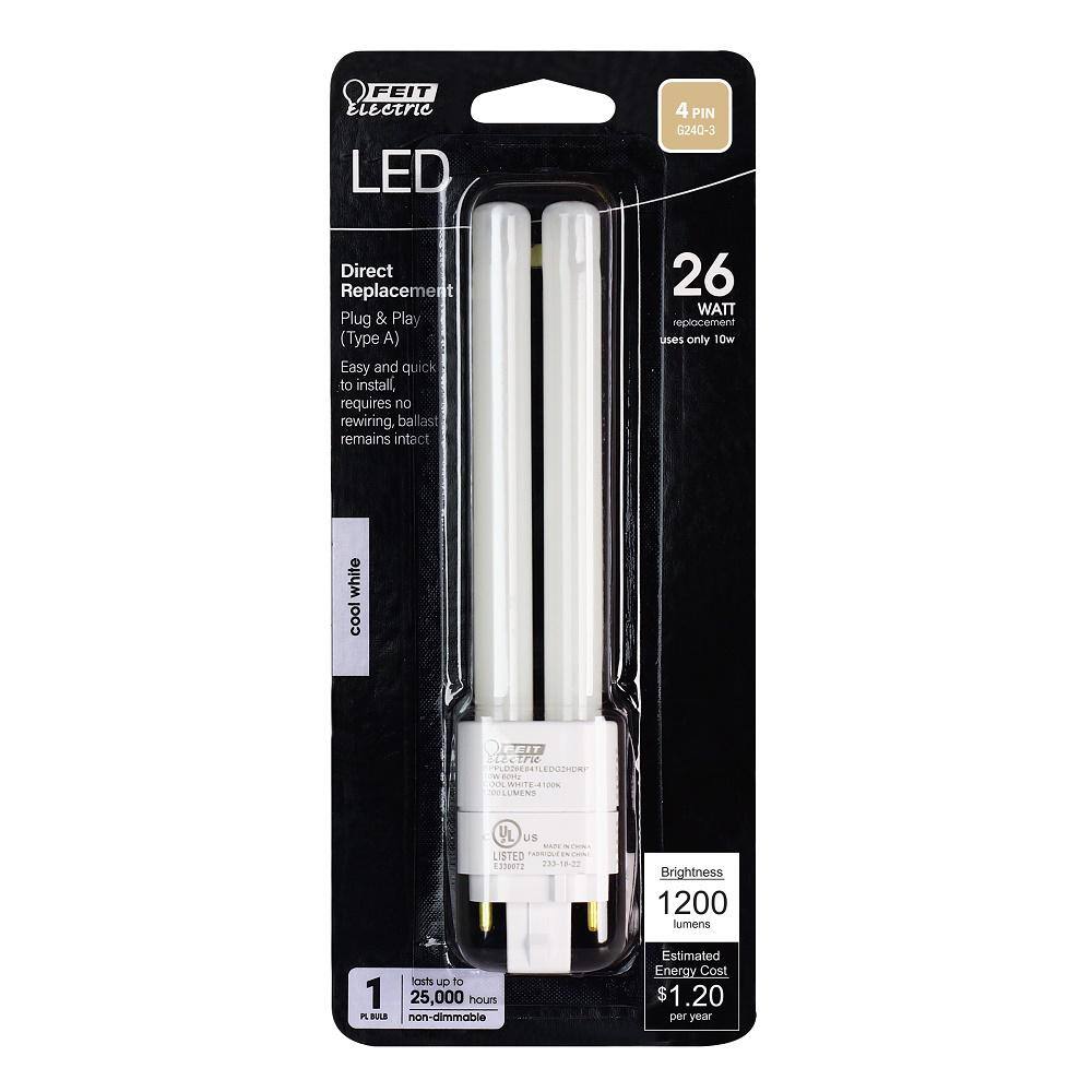 Feit Electric 26-Watt Equivalent PL QuadTube CFLNI 4-Pin Plugin G24Q-3 Base CFL Replacement LED Light Bulb Cool White 4100K (1-Bulb) BPPLD26E841LEDG2HDRP