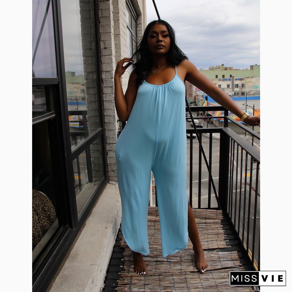 Solid Color Side Slits Mid-Waist Condole Belt Jumpsuit