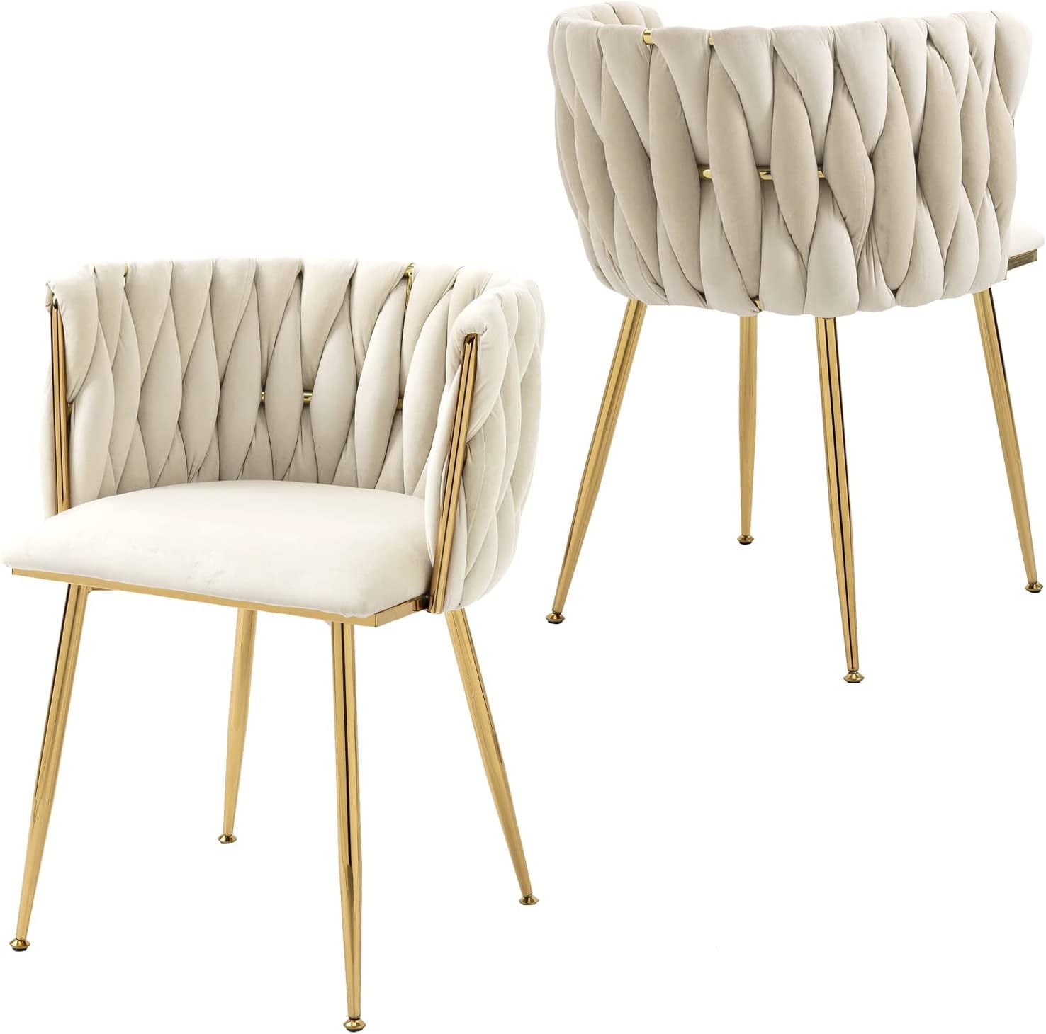 KINFFICT Dining Chairs Set of 2， Velvet Upholstered Kitchen Chairs with Arms and Woven Back， for Dining Room Living Room，Beige