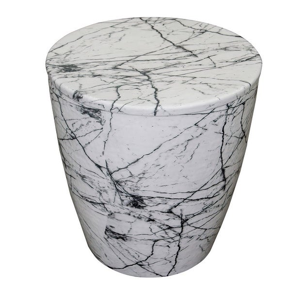 16 Inch Round Accent Side Table， Aluminum Sheet， Faux Marble， Enamel Coating， White - 16 H x 15 W x 15 L