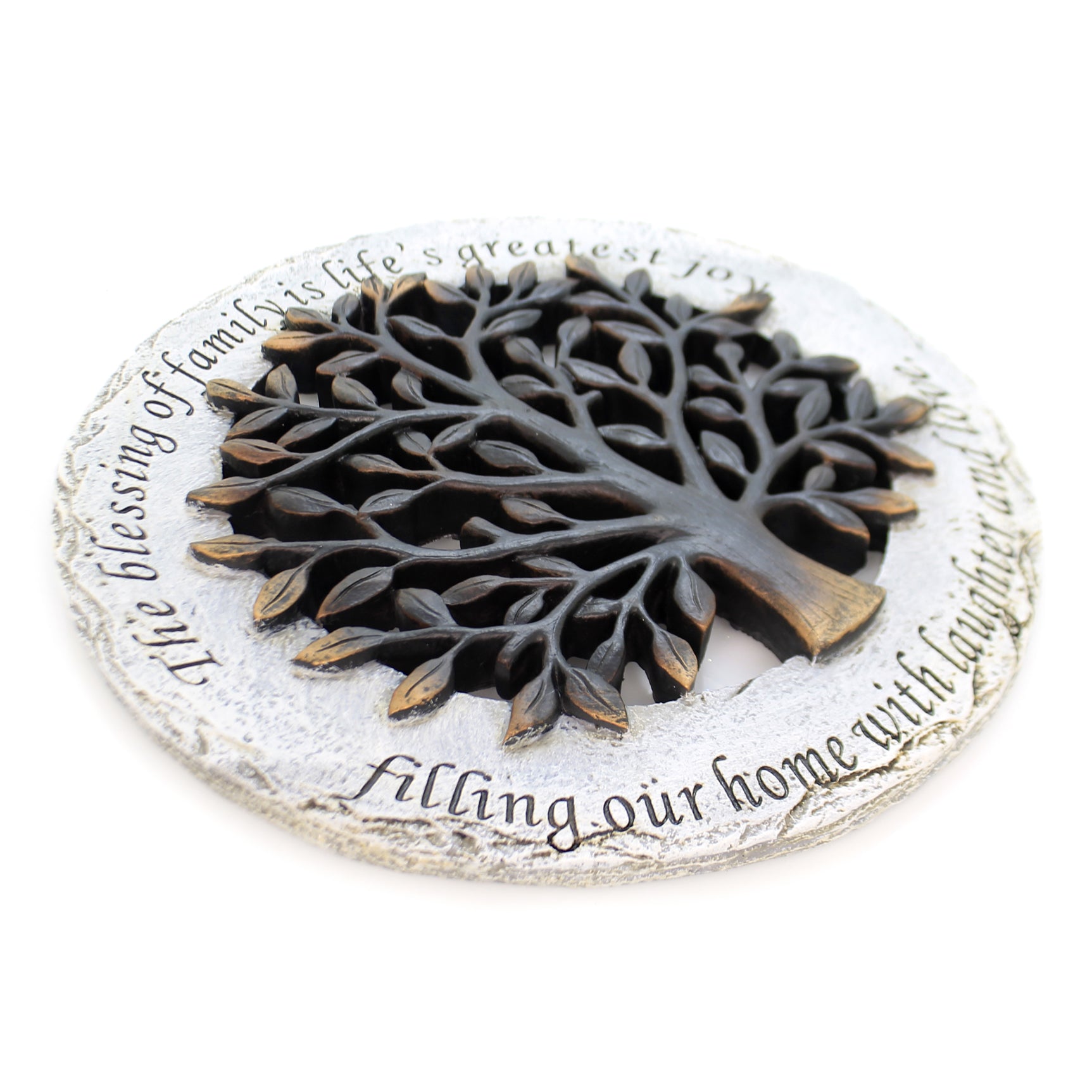 Roman Exclusive Terrace Garden Stone with a Tree and Verse, 12.2-Inch, 2-Tone Dolomite/Resin