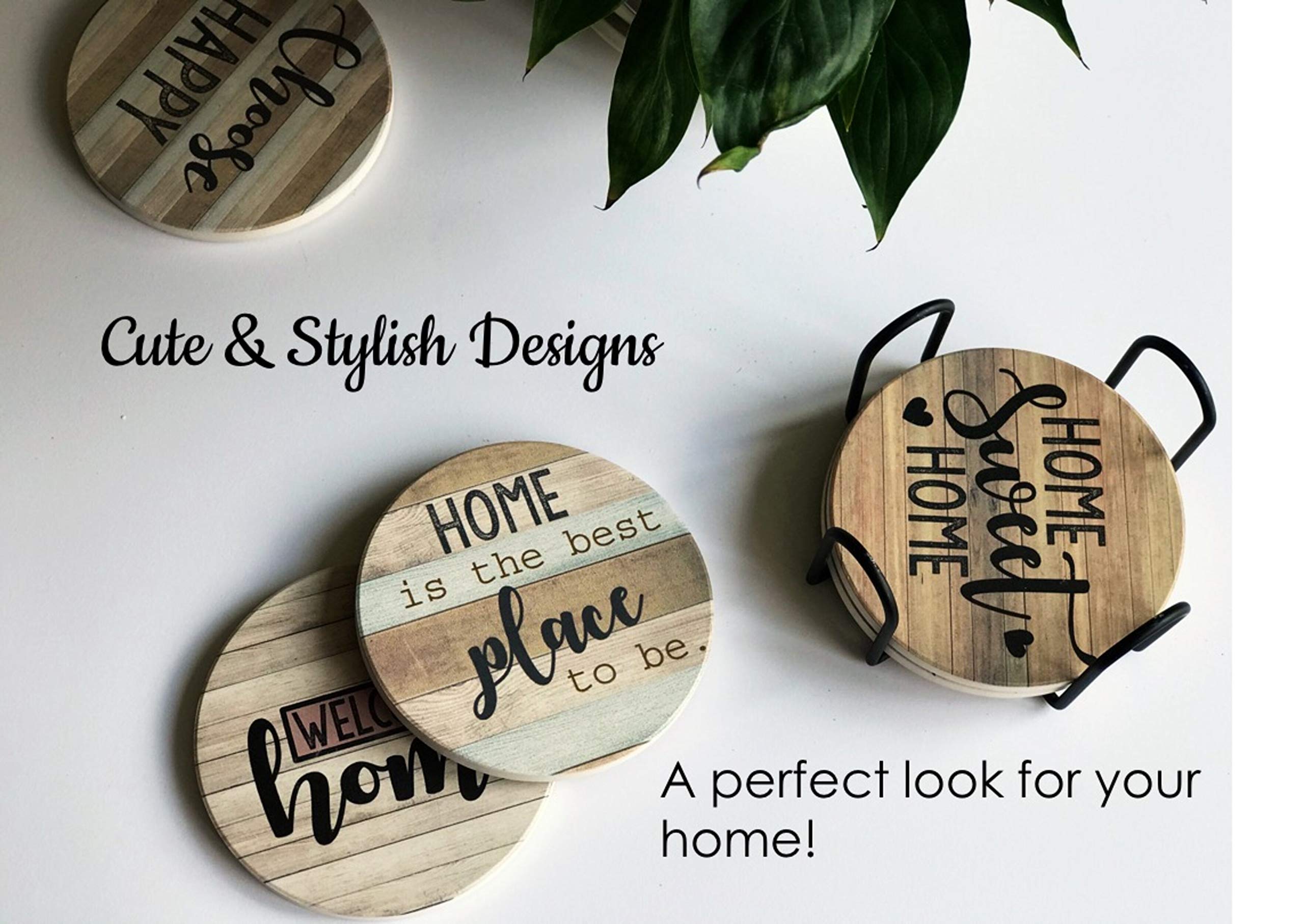 PANCHH Rustic Farmhouse Stone and Cork Coasters for Drinks， Absorbent - Set of 6 Coasters with Holder - Best Housewarming Gifts for New Home Ideas - Cute Kitchen and Coffee Table Décor and Accessories