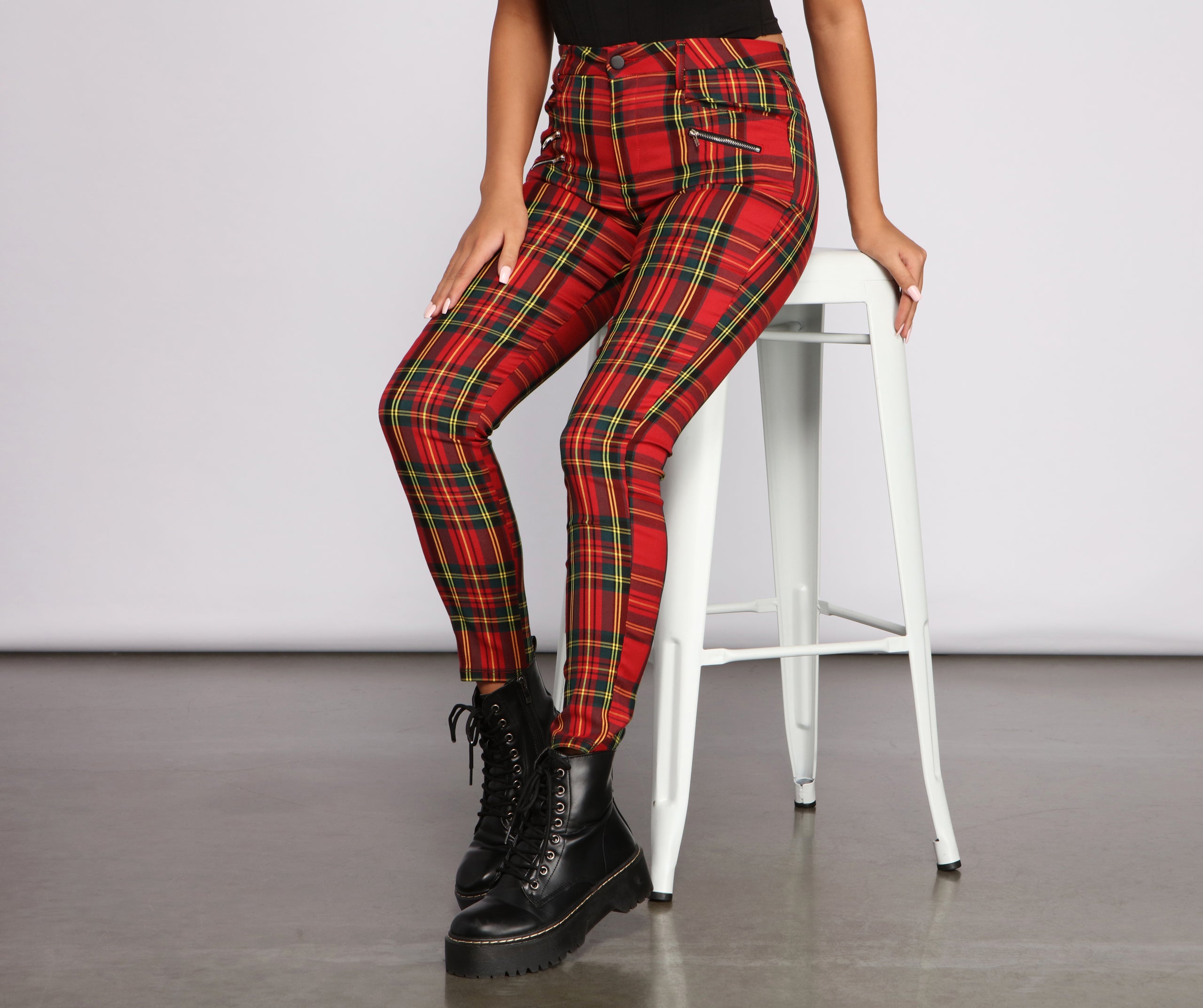 High Rise Zippered Plaid Pants