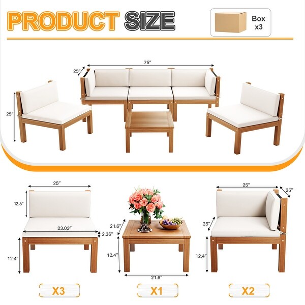 Furniwell 6Piece Outdoor Patio Furniture Sets Sectional Sofa Set Acacia Wood Set with Table