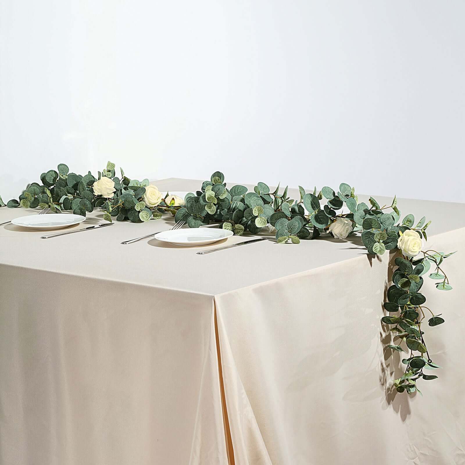 Green/Ivory Artificial Eucalyptus Leaf, Rose Flower Garland Vine 6ft