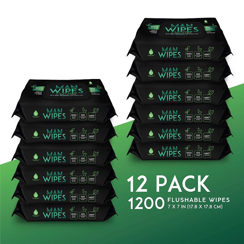 Pursonic 12 Pack of Flushable Man Wipes (1200 Mint Scented Wipes)