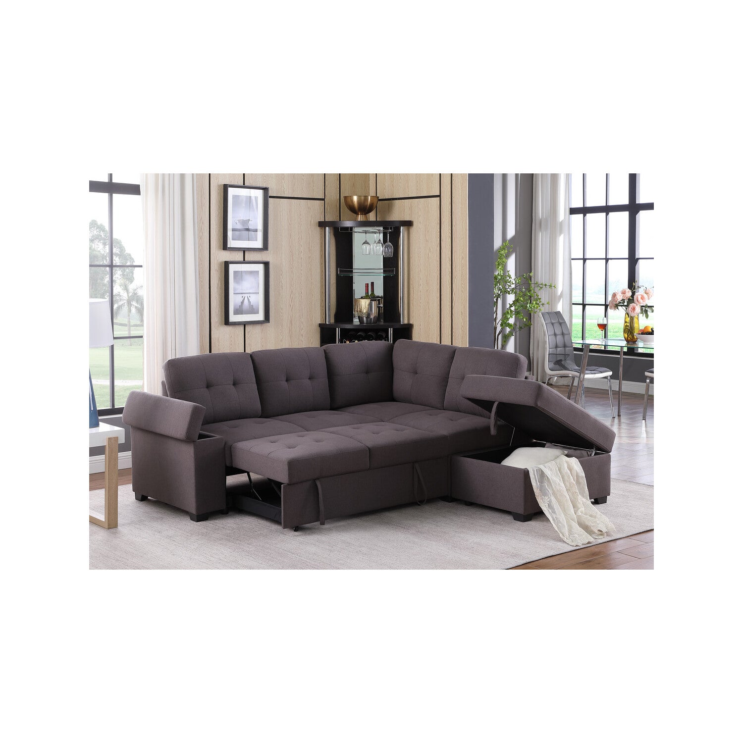 Katie Brown Linen Sleeper Sectional Sofa with Storage Ottoman, Storage Arm