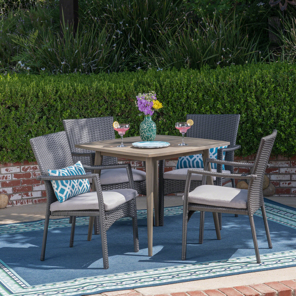 GDF Studio 5 Piece Leah Outdoor Wood and Wicker Dining Set  Gray and Gray   Tropical   Outdoor Dining Sets   by GDFStudio  Houzz