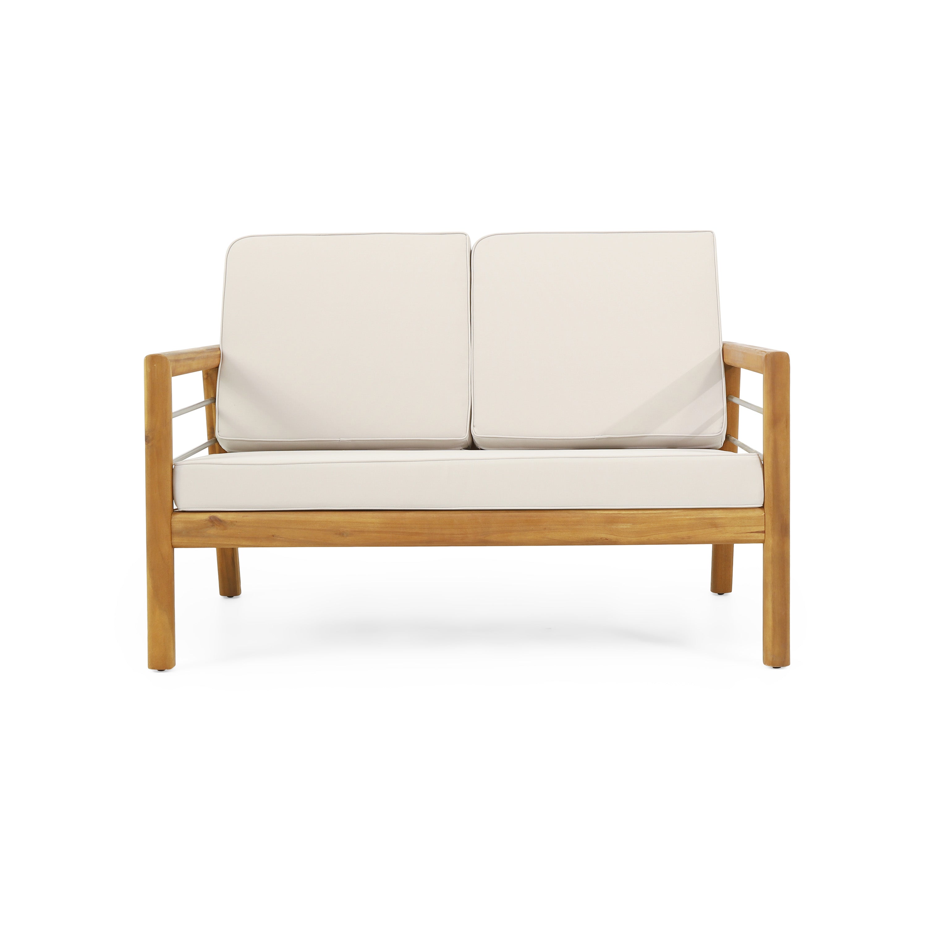 Lindsey Outdoor Acacia Wood Loveseat and Coffee Table Set with Cushions, Teak, Silver, and Beige