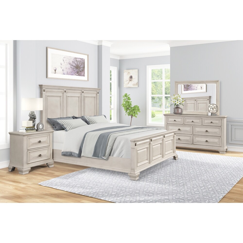 Roundhill Furniture Renova Distressed Parchment Wood Bedroom Set with Panel Bed  Dresser  Mirror  Nightstand  Chest