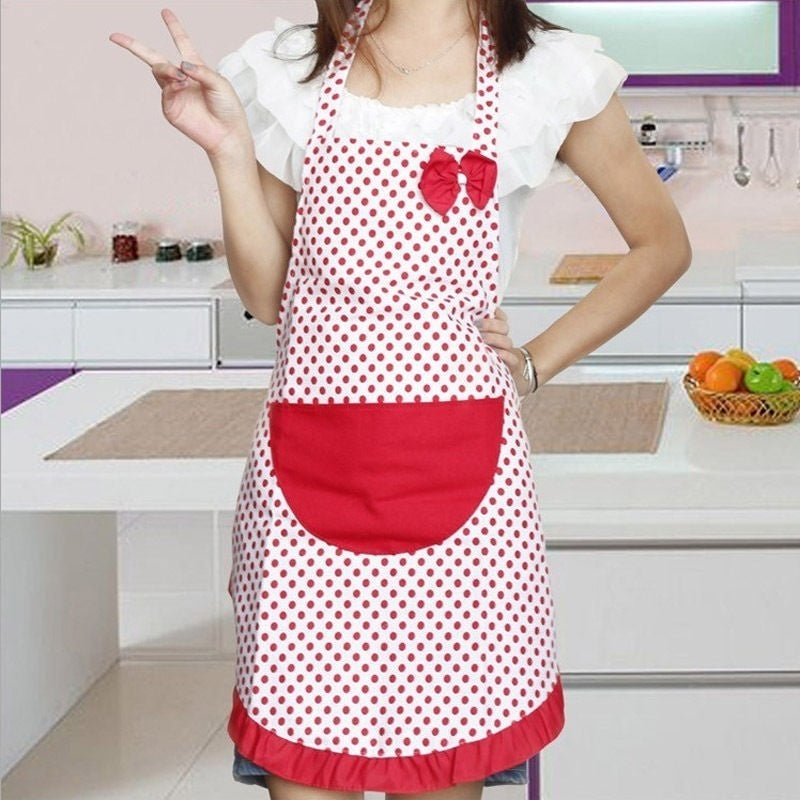 Cute BowKnot Dot Women Kitchen Restaurant Bib Cooking Aprons With Pocket