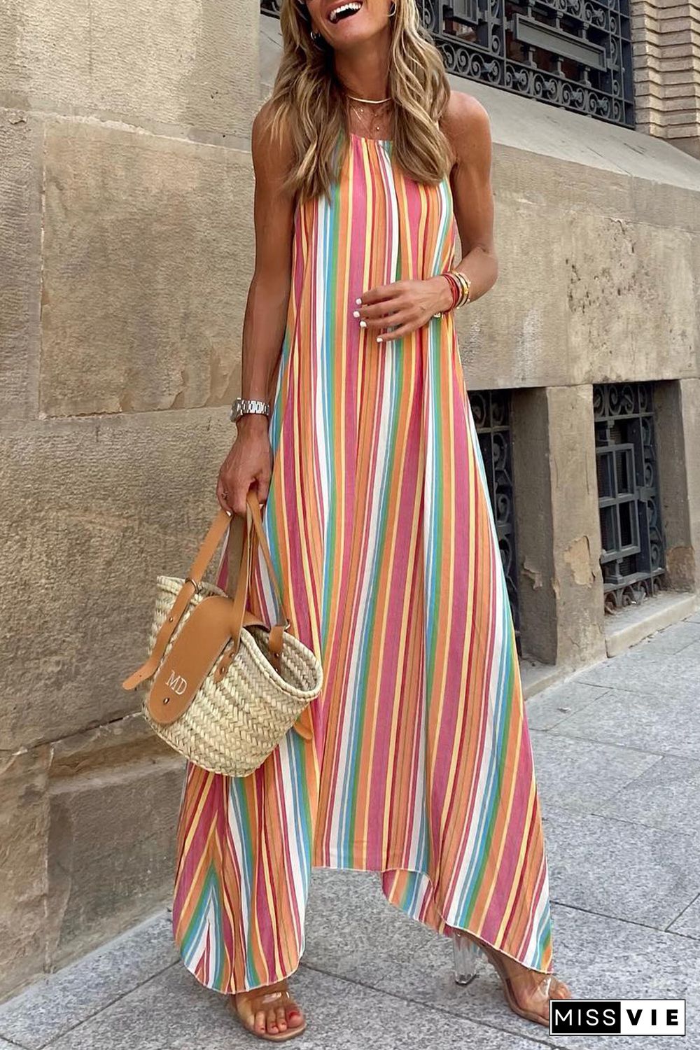 Bohemian Striped Print Sleeveless Holiday Maxi Dress