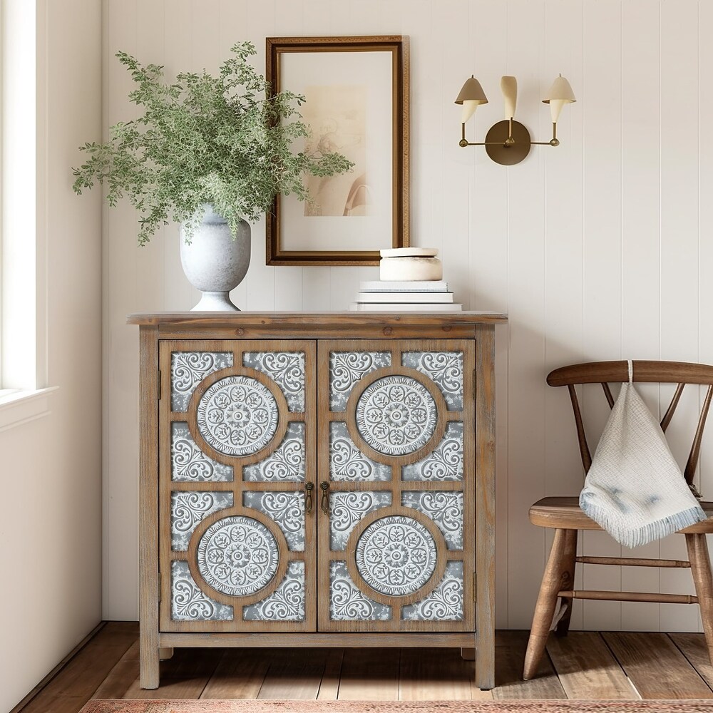 Floral Lattice Metal 2 Door Farmhouse Pine Wood Storage Cabinet   31.9\