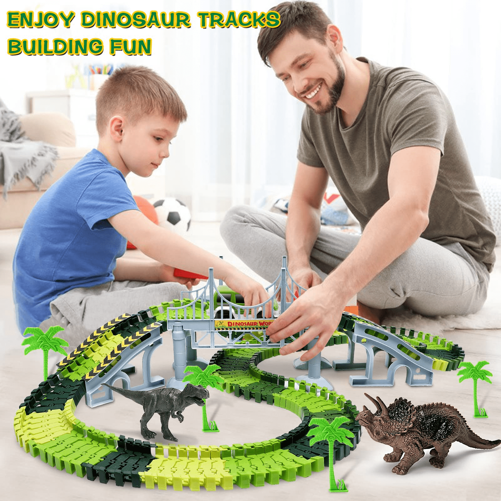 Welltop Dinosaurs Race Track Toys with 144 Flexible Track， 1 LED Dinosaur Racing Cars， for Boys Girls Kids Age 3 4 5 6 7+