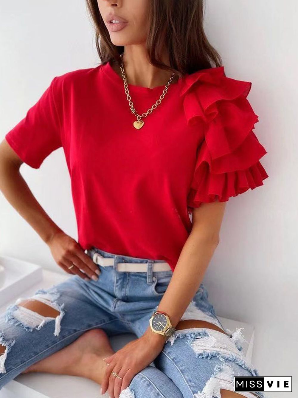 Summer Short Sleeve Women's T-Shirt Pullover Casual O Neck Blouse Fashion Layered Ruffle Top Shirt Streetwear For Women Clothing