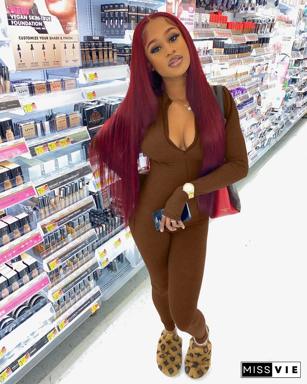 Workout Solid Long Sleeve Front Zipper Skinny Jumpsuit