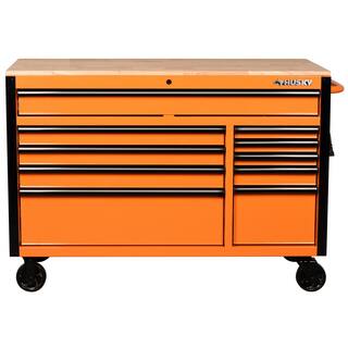 Husky 52 in. W x 24.5 in. D Standard Duty 10-Drawer Mobile Workbench Tool Chest with Solid Wood Work Top in Gloss Orange H52MWC10ORG