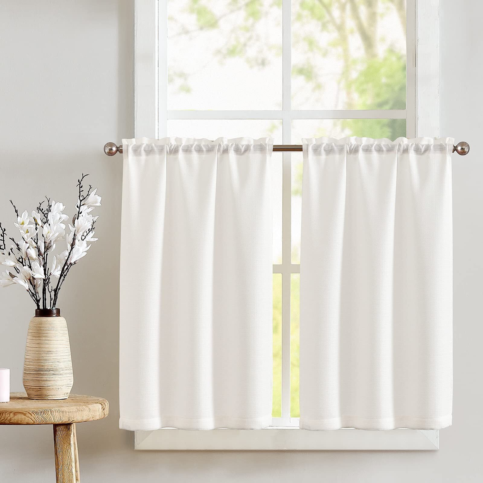 CURTAINKING Cream White Kitchen Curtains 24 inch Linen Textured Cafe Curtains for Bathroom Farmhouse Light Filtering Tier Curtains Rod Pocket 2 Panels