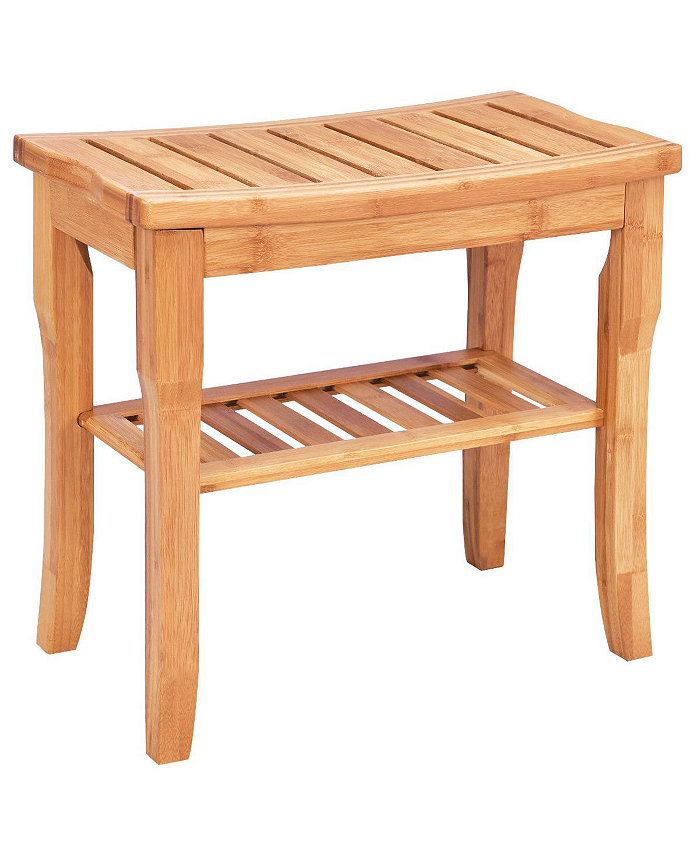 Costway Bamboo Shower Seat Bench Bathroom Spa Bath Organizer Stool with Storage Shelf