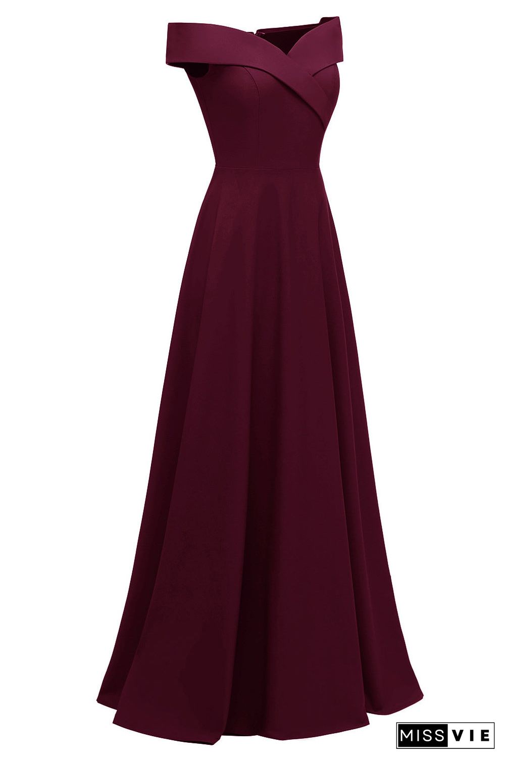 Burgundy A-line Off-the-shoulder Long Formal Dress