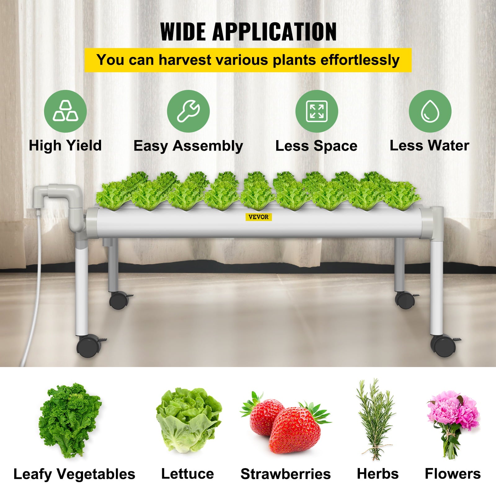 VEVOR Hydroponic Site Grow Kit 1 Layer 54 Plant Sites， 6 PVC Pipes Hydroponic Indoor Plant Growing System， Food-Grade Pipe Plant Grow Kit with Water Pump and Timer