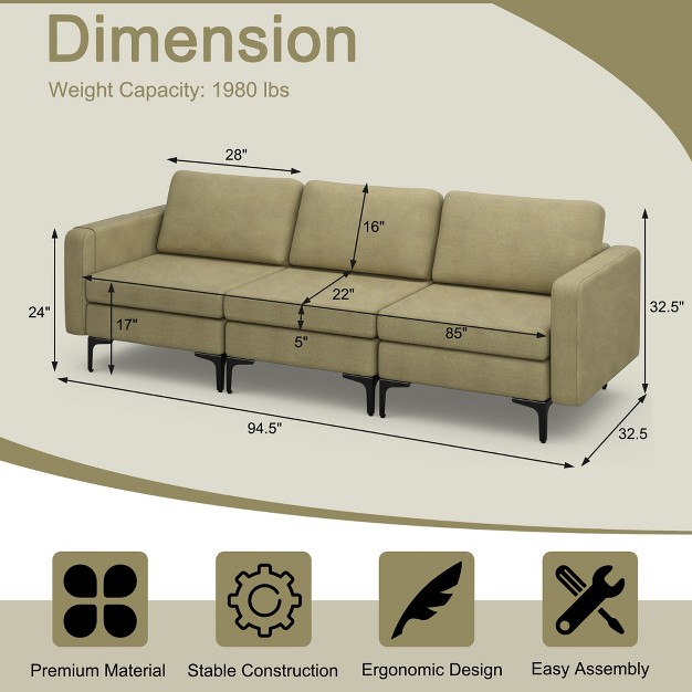 Costway Modern Modular 3 seat Sofa Couch W Side Storage Pocket amp Metal Leg Green grey