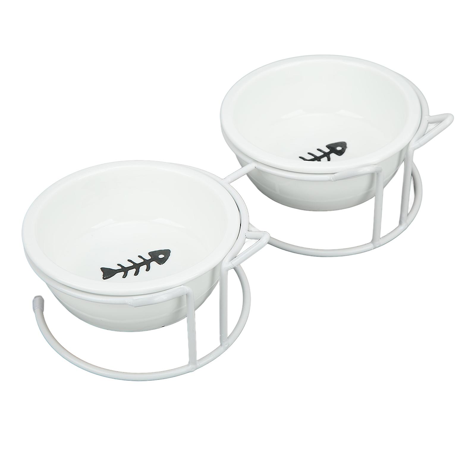 Pet Double Ceramic Bowl Double Ceramic Raised Cat Bowls With Metal Stand And Cover For Food And Water