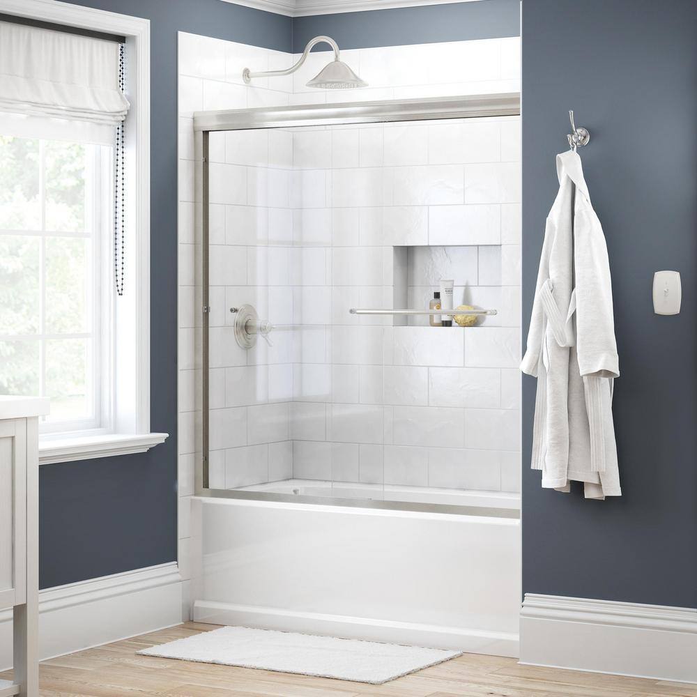 Delta Simplicity 60 in. x 58-18 in. Semi-Frameless Traditional Sliding Bathtub Door in Nickel with Clear Glass 2435517