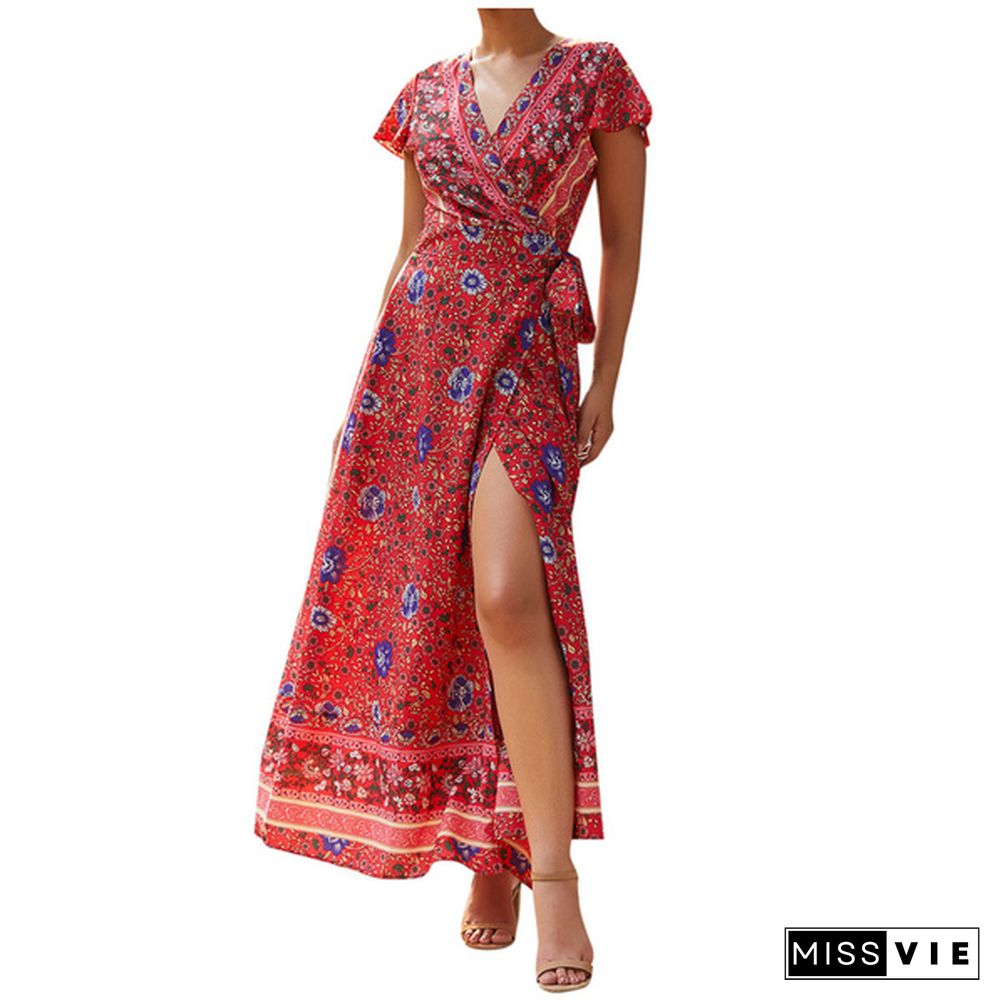 New Summer Women Fashion Floral Print Sexy Deep V Neck Short Sleeve Evening Party Long Casual Maxi Dresses With Belt Boho Beach Sundress, Kleid, Robe de femme