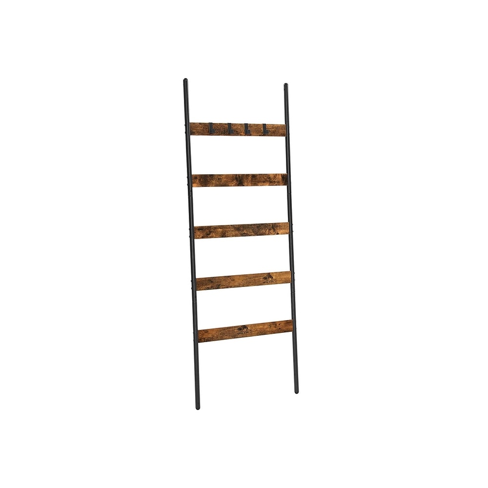 5 Tier Blanket Ladder Shelf  Wall Leaning Rack with 4 Hooks  Steel Frame  23.6 Inch Wide  for Blankets  Scarves