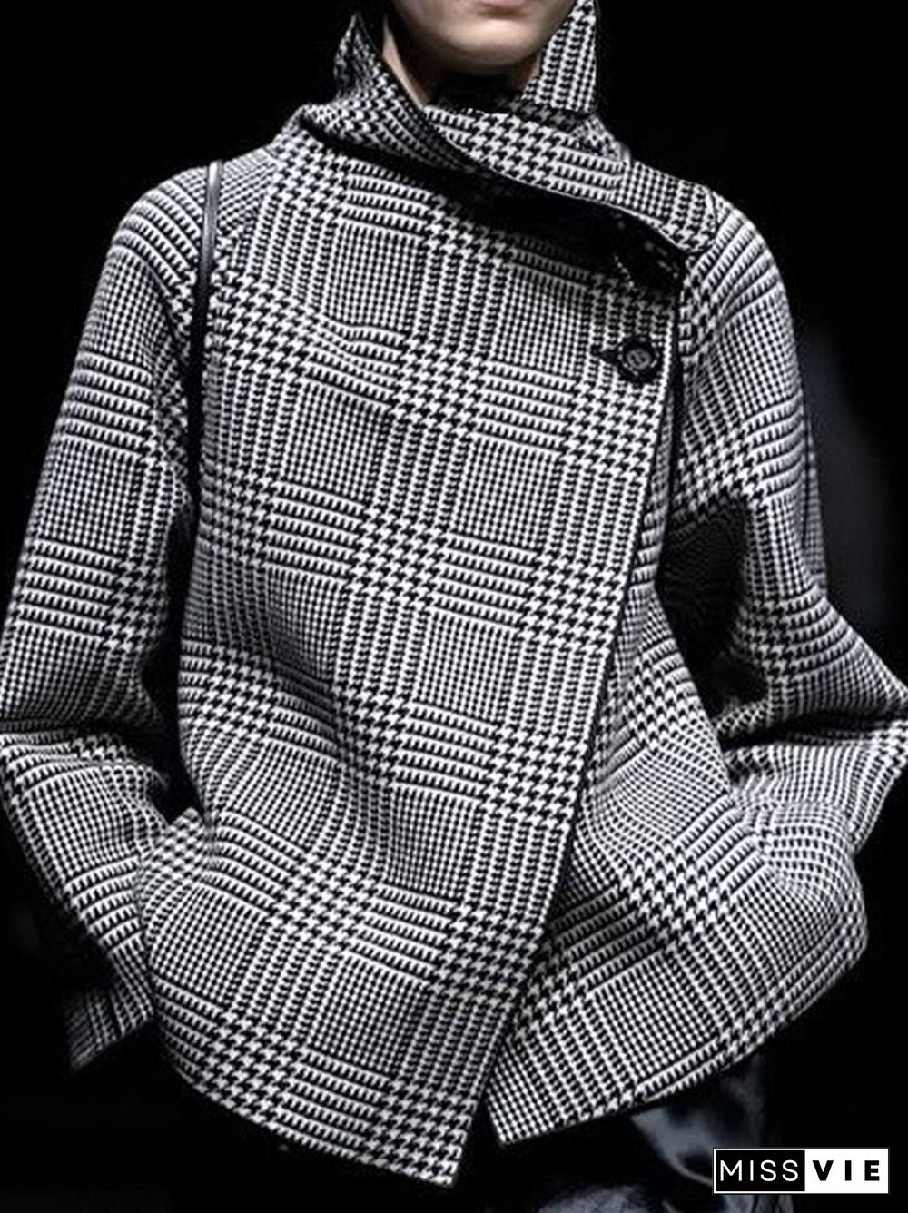 Long Sleeves Loose Asymmetric Houndstooth Plaid Stand Collar Jackets Outerwear