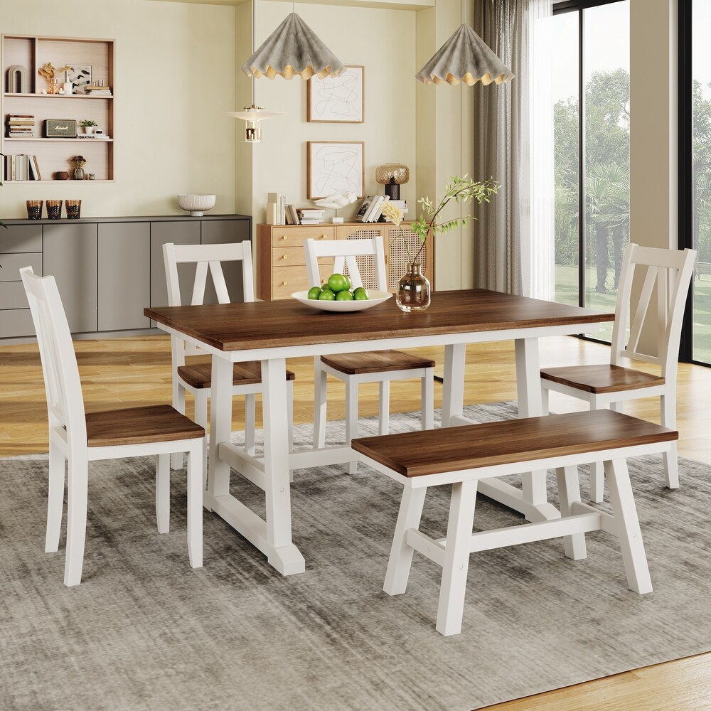 White 6 Piece Wood Dining Table Set with Long Bench and Chairs