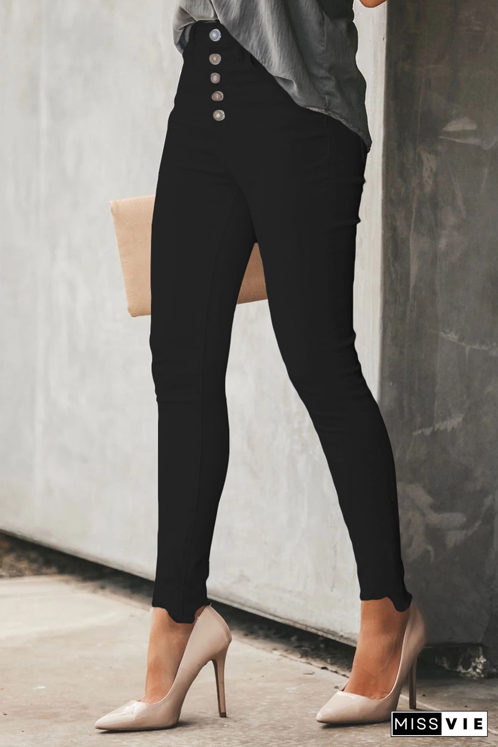 Black Plain High Waist Buttons Frayed Cropped Denim Jeans