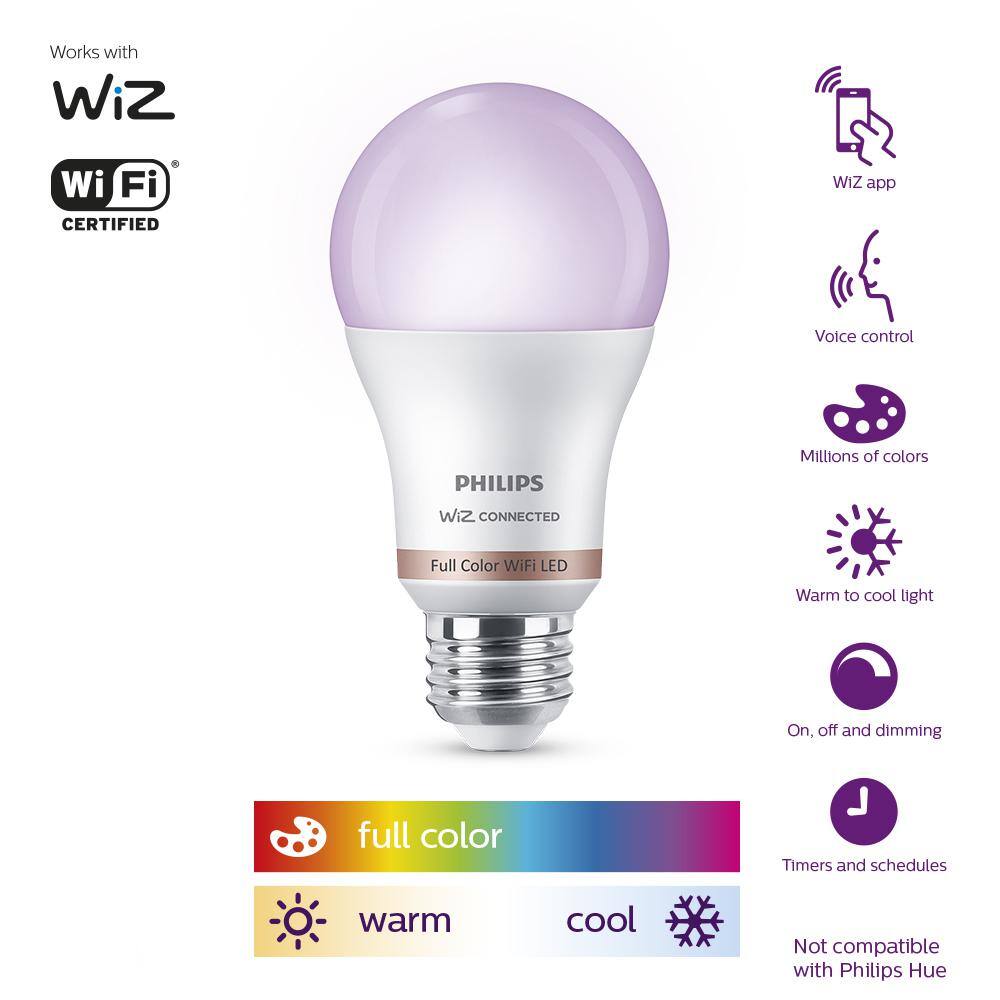 Philips 60-Watt Equivalent A19 LED Smart Wi-Fi Color Changing Smart Light Bulb powered by WiZ  Google Home Mini  (2-Pack) 562702