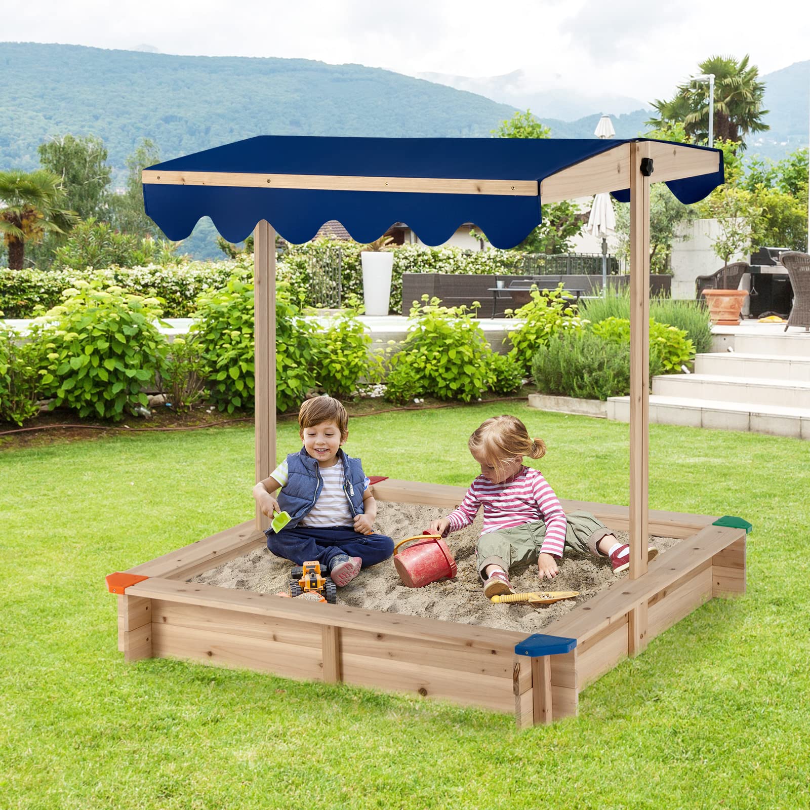 Costzon Kids Wooden Sandbox w/Convertible Canopy