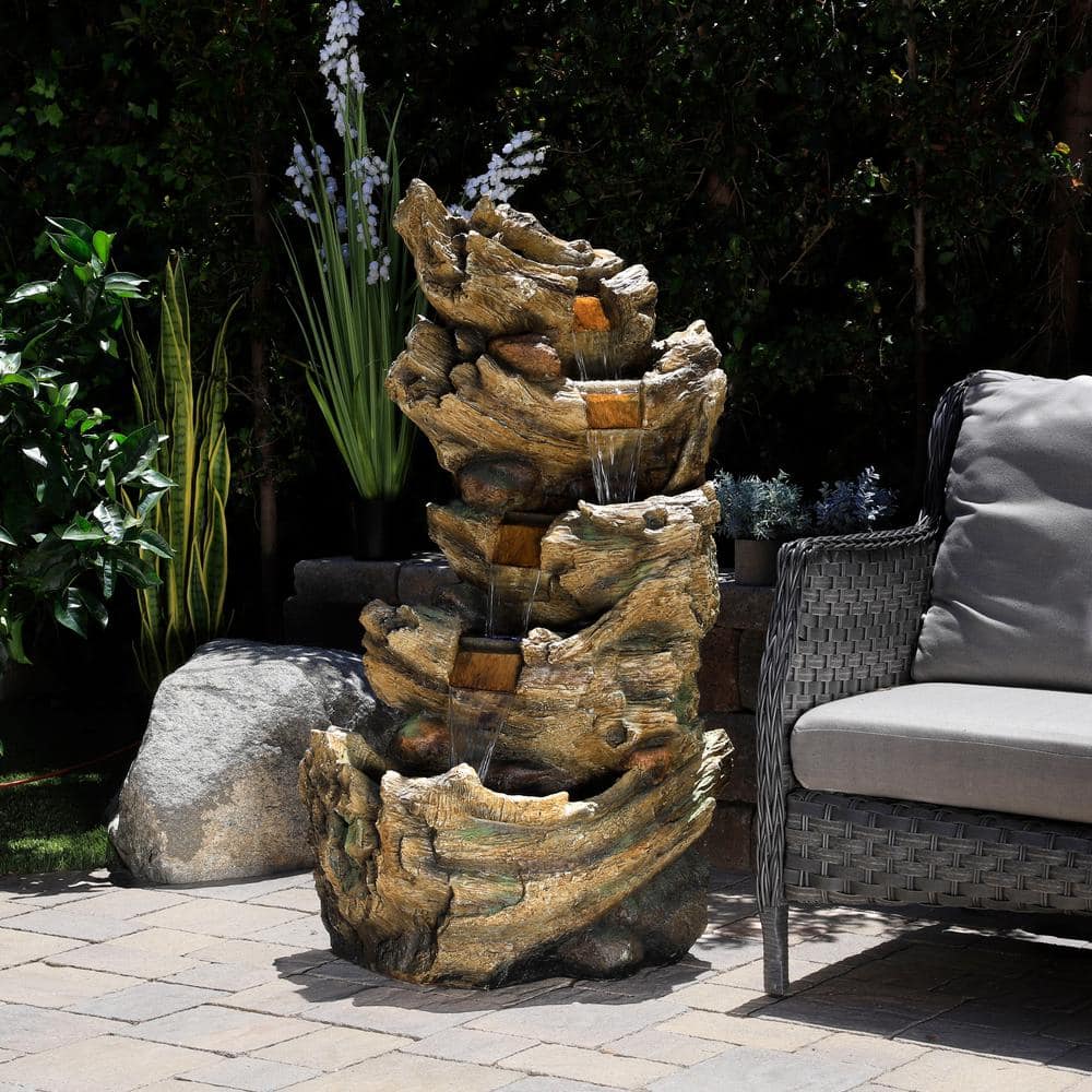 Alpine Corporation 47 in. Tall Outdoor 5-Tier Tree Trunk Waterfall Floor Fountain with LED Lights TZL132