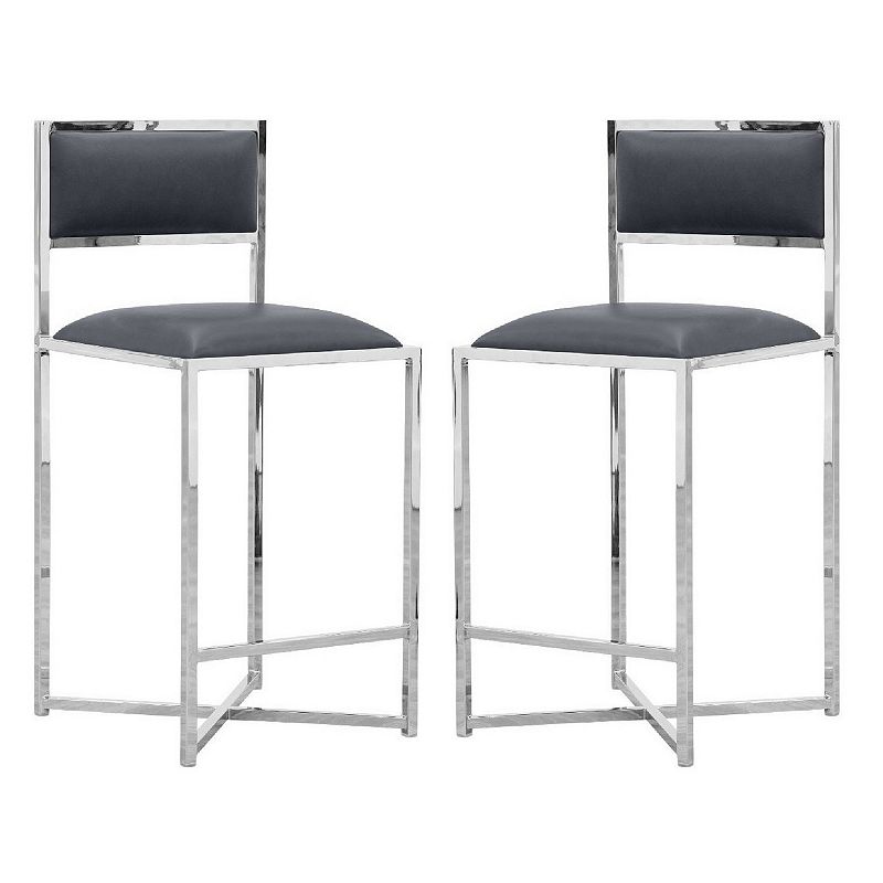 Eun 26 Inch Faux Leather Counter Stool， Chrome Base， Set of 2， Dark Gray