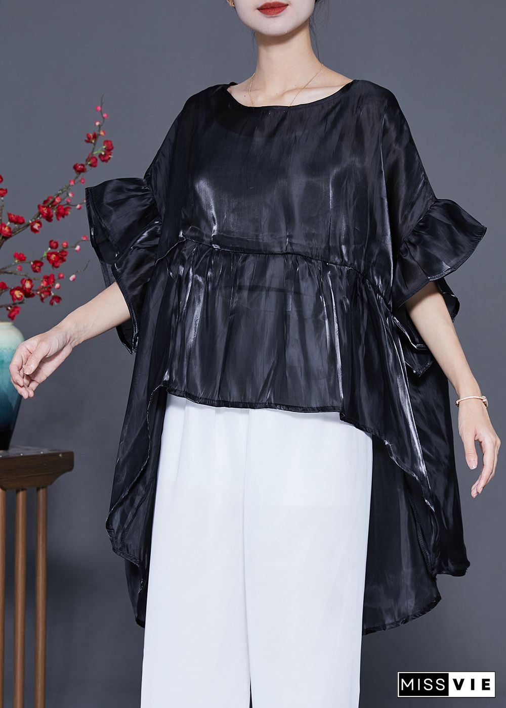 Plus Size Black Oversized Patchwork Silk Shirt Top Summer