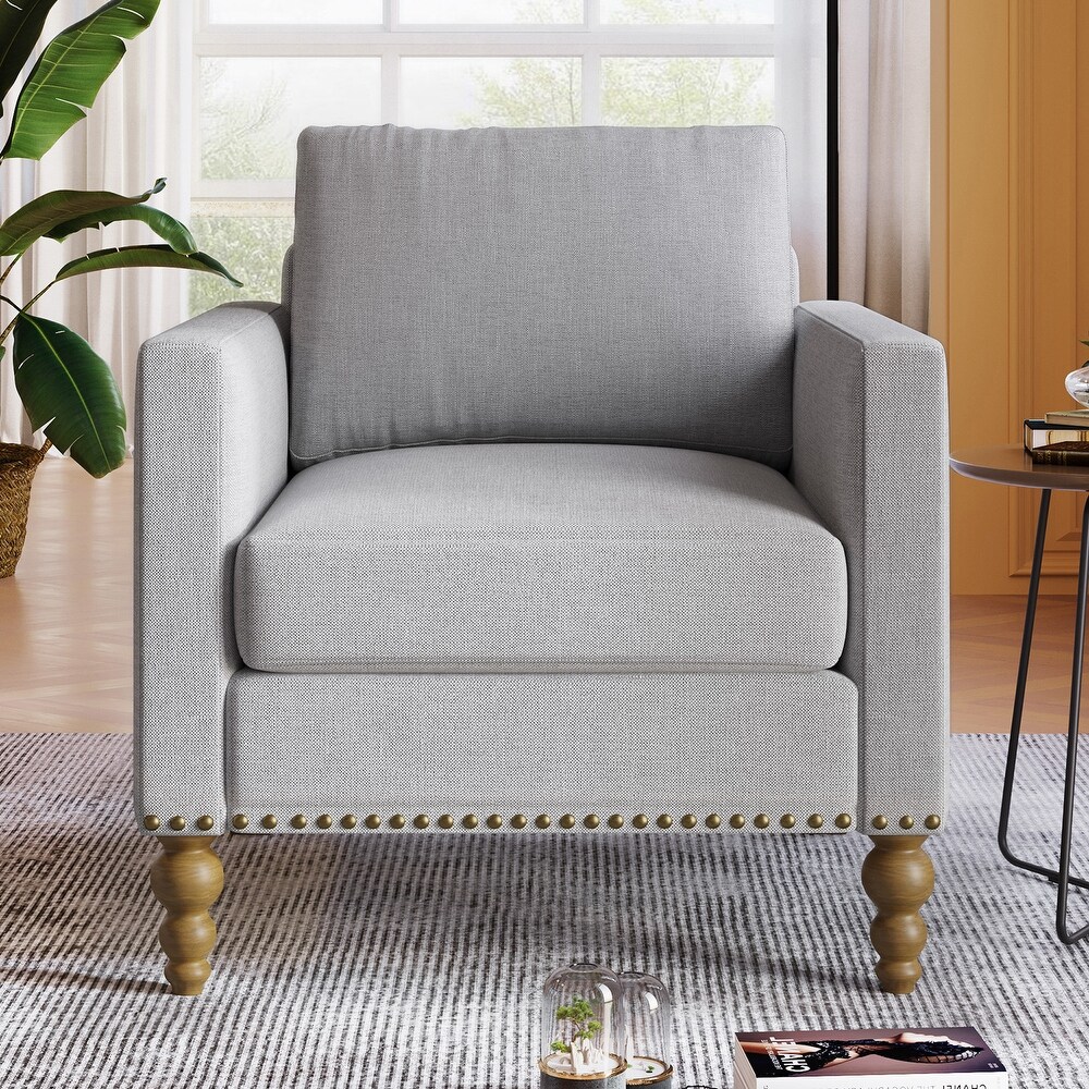 Classic Linen Armchair Accent Chair with Bronze Nailhead Trim