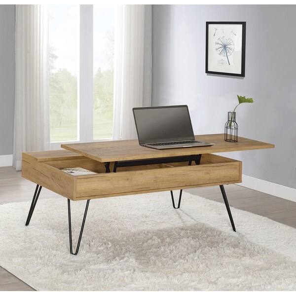 2 Shelves Lift Top Coffee Table with Metal Legs Golden Oak and Black