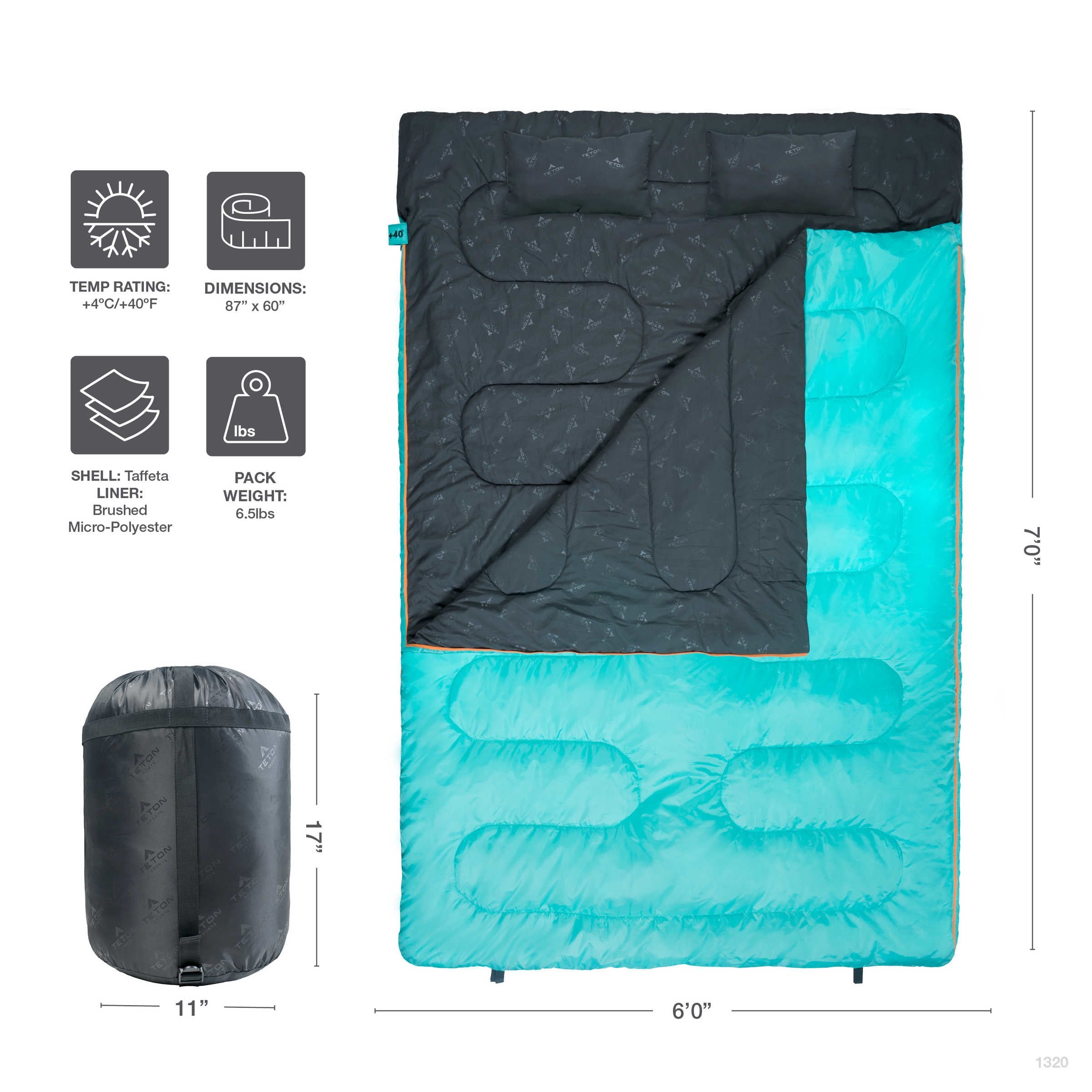 TETON Sports Cascade Double Sleeping Bag for Adults, Lightweight, Great for Family Camping